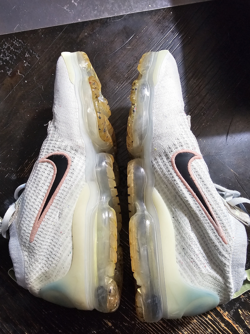 Nike White Flyknit VaporMax Sneakers with Pink and Light Blue Swooshes - Picture 3 of 5